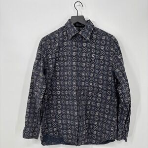 Joshua Tree Mens Geometric Print Button Down Shirt Medium Navy Blue Cotton Boho